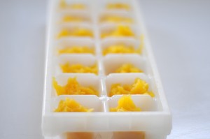 Ice cube trays works just as well, just cover it with food-safe wrap, NOT FOIL. Each cube is about 1 ounce, so you get to monitor the amount of food your baby is eating. Probably the cheapest method as you only have to shell out cash for food-safe wrap.