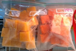 Once frozen, transfer the cubes/chunks into labeled and dated freezer bags.